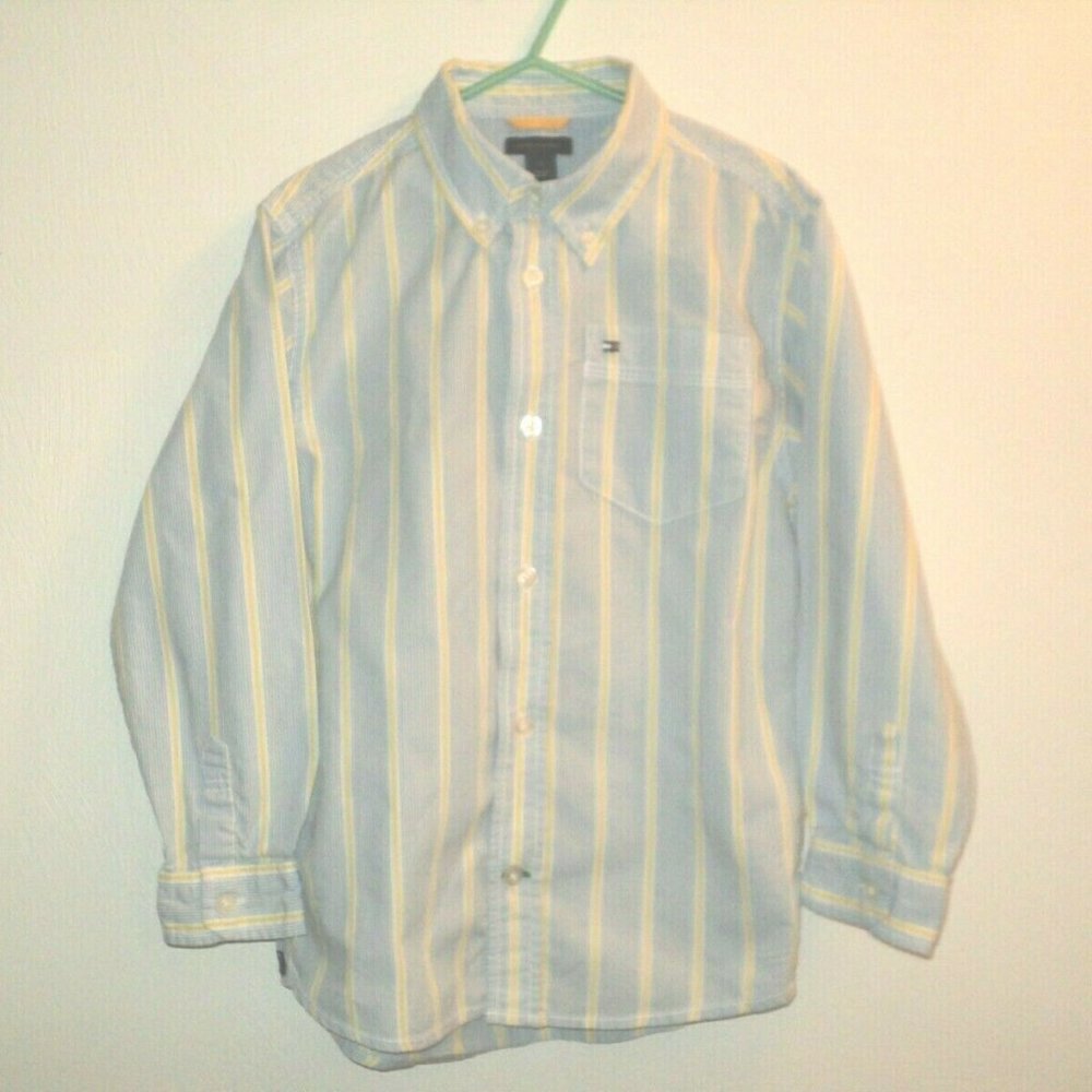 Tommy Hilfiger Boy's Size 6 Dress Shirt Long Sleeves Blue Yellow Pinstripes